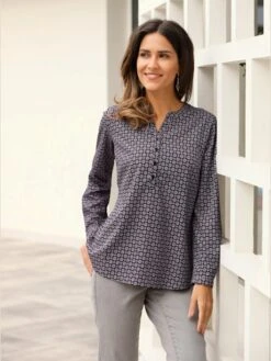 Tunique Imprimée Losanges Encolure Ronde Manches Longues