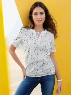 Chemisier Femme Tendance Col Tunisien Manches Courtes Motif Graphique