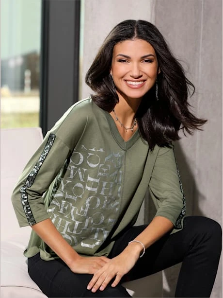 T-shirt à Manches 3/4 Rayures Galon En Paillettes 1 T-shirt à Manches 3/4 Rayures Galon En Paillettes