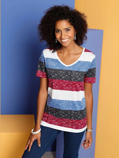 T-shirt Décontracté Manches Courtes Rayures Larges 1 T-shirt Décontracté Manches Courtes Rayures Larges