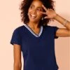 T-shirt Femme En Coton Col En V Avec Ruban Manches Courtes