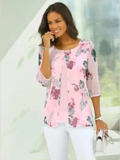 Chemisier Imprimé Fleurs Bimatière Col Rond Manches 3/4