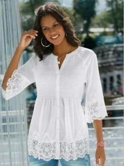 Chemisier Empiècements Dentelle Col Rond Manches Raglan 3/4