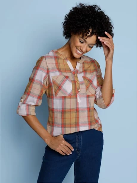 Chemisier En Flanelle Manches 3/4 Retroussables 1 Chemisier En Flanelle Manches 3/4 Retroussables